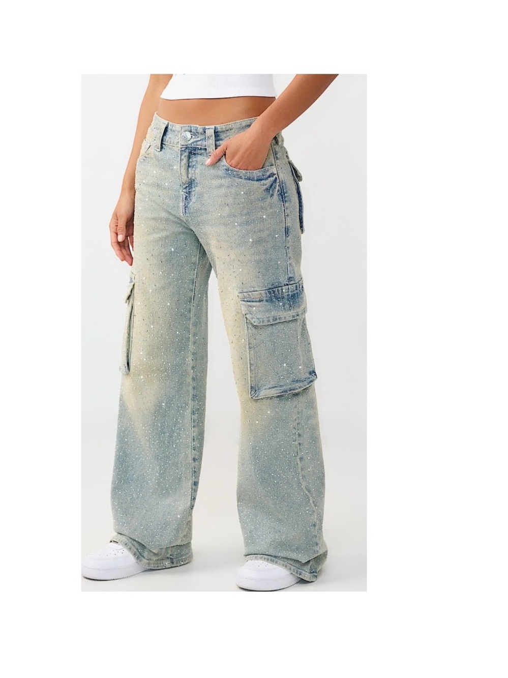 True Religion Light Washed Blue Wide-Leg Cargo Jeans with Speckle Detail